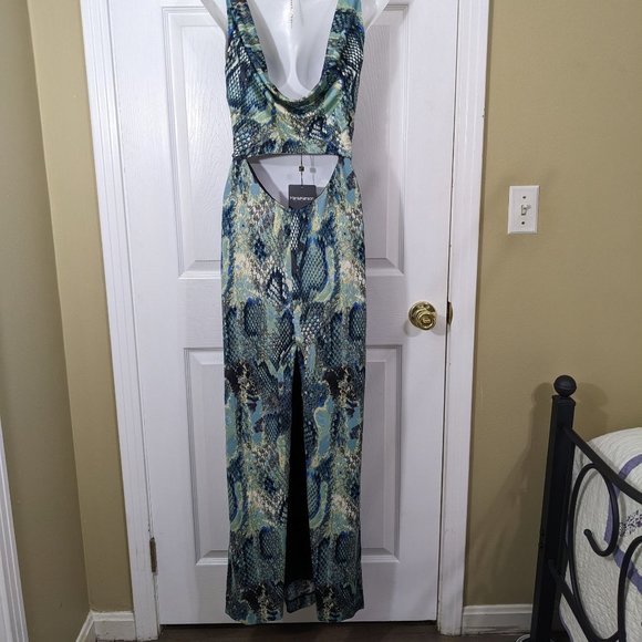 Marisa Kenson Teal Black Snakeskin Print Sleeveless Cut-Out Maxi Dress - XS NWT - Picture 9 of 13